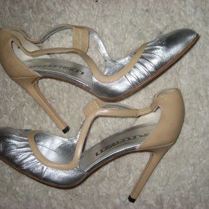 BRUNO FRISONI PUMPS SILVER / TAN LEATHER SHOES SZ 39 SZ 8.5